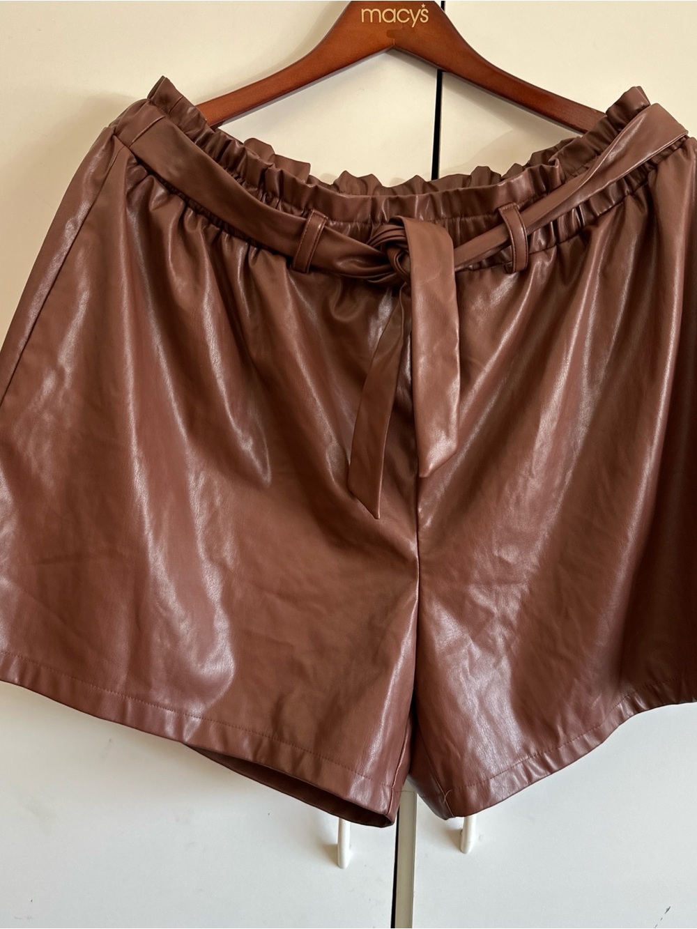 High-Rise Faux Leather Paperbag Shorts in Brown